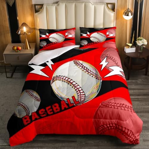 Erosebridal Baseball Queen Comforter Set for Boys,Sports Themed Bedding Sets for Boys Kids Men,Red and Black Baseball Quilt Bed Set,Ball Games Bedroom Room Decor,Soft Breathable All Season