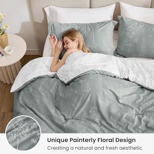 Love's cabin Grey Twin Comforter Set - Twin XL Size Comforter Set Dorm Bedding, 2 Pieces Cute Floral Bedding, Soft Reversible Flowers Comforter, 1 Comforter & 1 Pillow Sham