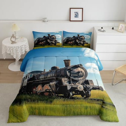 Erosebridal Train Comforter Sets Twin Size Retro Steam Engine Bedding Set for Kids Boys Teens,Railway Track Transport Duvet Sets,Green Grass Blue Sky Down Comforter with 1 Pillow Case