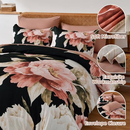 Dobuyly Black Twin Comforter Set 5 Piece Bed in a Bag, Pink Floral Printed on Black Comforter Set with Sheets, Soft Microfiber Botanical Flower Twin Bedding Set for All Season