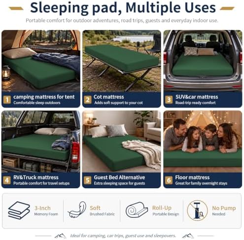 CYMULA Memory Foam Camping Mattress Pad,Sleeping Pad for Camping,Non-Slip Bottom Floor Car Mattress Bed with Retaining Portable Roll up Mattress Pad Mat for Travel Truck Guest Bed Tent