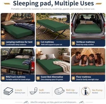CYMULA Memory Foam Camping Mattress Pad,Sleeping Pad for Camping,Non-Slip Bottom Floor Car Mattress Bed with Retaining Portable Roll up Mattress Pad Mat for Travel Truck Guest Bed Tent
