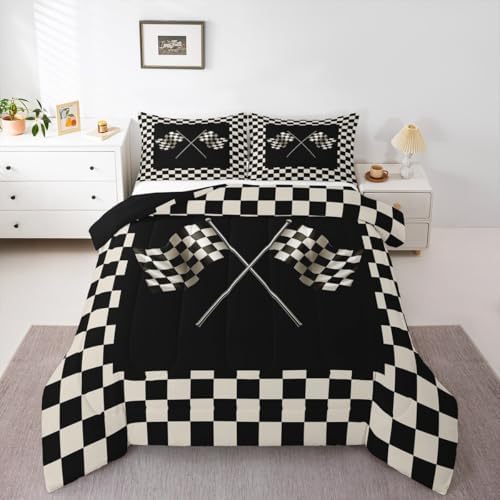 Castle Fairy Checkered Flag King Size Comforter Set Kids Geometric Grid Decor All Season Bedding Set for Girls Teens Black and White Comforter Racing Theme Decor Quilt Set Bedroom Collection 3Pcs