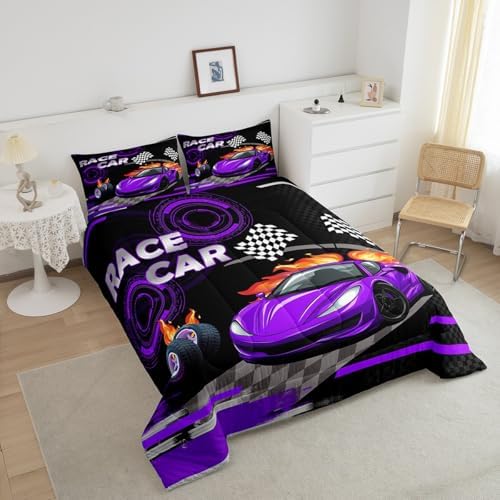 Feelyou Kids Purple Race car Comforter Set Queen Size Speed Sports Car Bedding Set Boys Girls Automobile Racing Car Quilt Set Extreme Sports Theme Bed Set