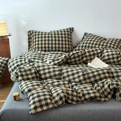 LifeTB Gingham Duvet Cover Twin Size, 3 Piece Vintage Green Beige Plaid Checkered Bedding Set, Breathable 100% Washed Cotton Grid Comforter Cover, Farmhouse Buffalo Plaid Duvet Cover with Zipper