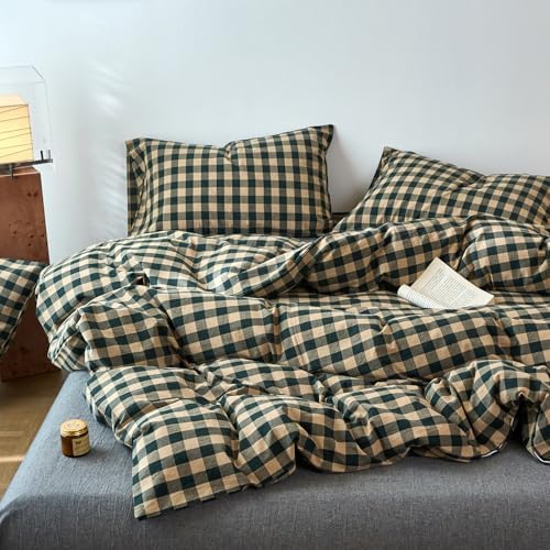 LifeTB Gingham Duvet Cover Full Size, 3 Piece Vintage Green Beige Plaid Checkered Bedding Set, Breathable 100% Washed Cotton Grid Comforter Cover, Farmhouse Buffalo Plaid Duvet Cover with Zipper