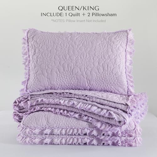 HORIMOTE HOME Lavender Ruffled Quilt Queen Size, Stone-Washed Microfiber Lightweight Crinkled Farmhouse Rustic Shabby Chic Bedding Set, 3 Pieces Reversible Bedspread with Pillow Shams for All Season