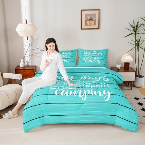 Happy Camping Campers Comforter Set Full,Wooden Geometric Stripes Bedding Set,Happy Outdoors Natural Quilt Set 3 Pcs for Kids Teens Adults Room Decor,Rustic Blue Duvet Insert with 2 Pillowcases