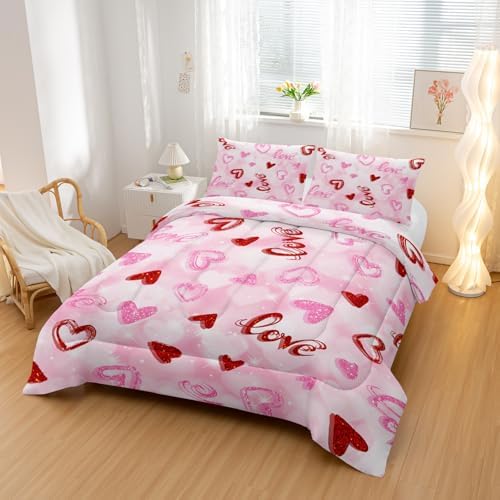 Nttopship Pink Love Heart Comforter Bedding Set with 2 Pillowcase King Size Pink Girl Comforter Set for Kids Boys Girls Bedroom Decor