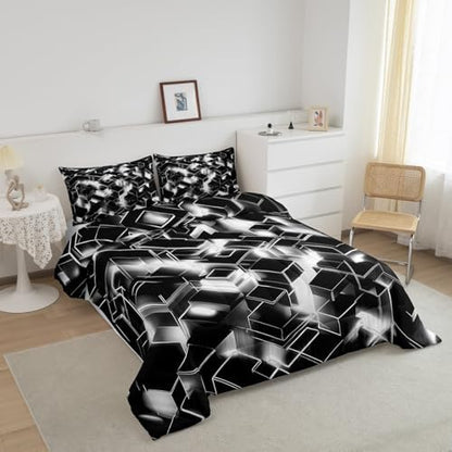 Feelyou Neon Grey Black Comforter Set for Kids Boys Girls Honeycomb Comforter Twin Size Hexagonal Bedding Set Bedroom Decor Modern Duvet Set Quilt Set 2Pcs