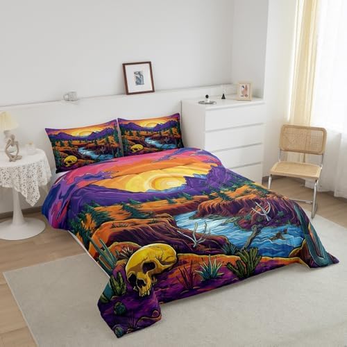 Purple Mountain Comforter Set Twin Size,Skull Bone Pine Tree Cactus Bedding Set for Kids Boys Girls Room Decor,Sun Mountain River Quilt Set 2Pcs,Vintage Abstract Art Duvet Insert,1 Pillowcase