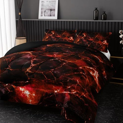 Nttopship Orange Comforter Set King Size，Orange Marble Bedding Set 3 Pcs Bedding for Adults, Marble Room Decor with Comforter and 2 Pillowcases Soft and Lightweight B-Side Black