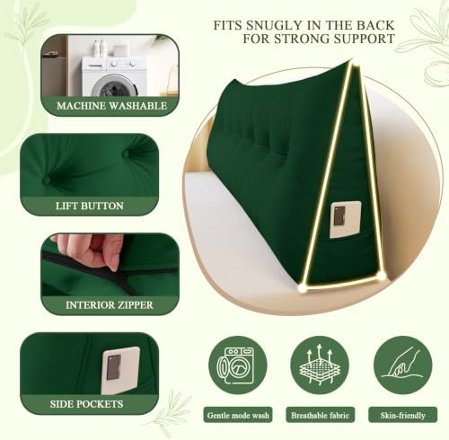 DANGHOOGY Headboard Pillow King, Large Triangular Wedge Headboard Pillow for Reading and Resting, Backrest Positioning Support Pillow with Removable Cover (Green)