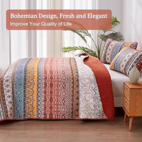 WONGS BEDDING Boho Quilt Queen Size,3 Pcs Bedspread Set, Burnt Orange