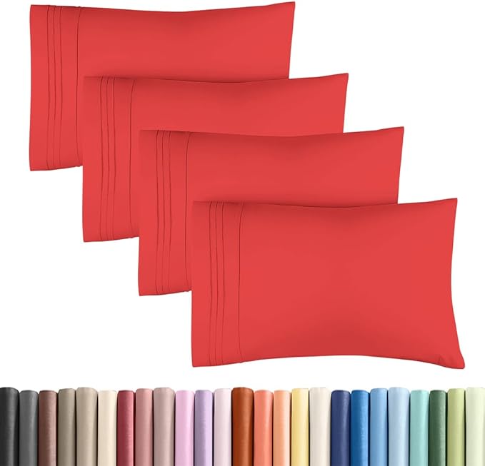 King Standard Pillow Cases Set of 4 - Soft Hotel Quality Pillowcase Covers - Comfy. Cozy Bedding for Women, Men, Kids & Teens - Machine Washable Pillow Protectors - 4 Piece - King Standard Size Red