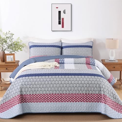 WONGS BEDDING Queen Size Quilt Set, Boho Striped Patchwork Bedspread