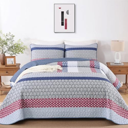 WONGS BEDDING Queen Size Quilt Set, Boho Striped Patchwork Bedspread