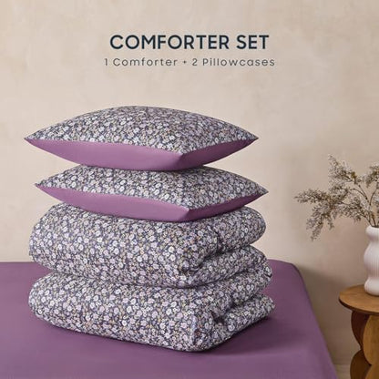 Wake In Cloud - Floral Comforter Set, Cute Vintage Flower Cottagecore Aesthetic for Women Teen Girls, Soft Lightweight Dorm Bedding, 3 Pieces, Dusty Purple, Full Size