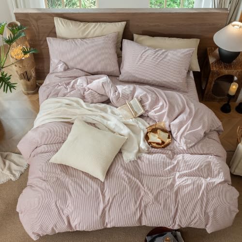 MooMee Striped Duvet Cover Set 100% Washed Cotton Linen Like King