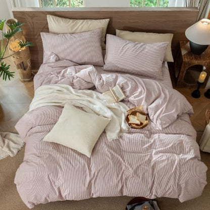 MooMee Striped Duvet Cover Set 100% Washed Cotton Linen Like King