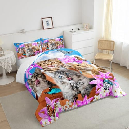 Kids Cute Cat Bedding Set Cartoon Pet Cats Kittens Comforter Set Cat Lovers Animal Themed Comforter for Boys Girls Purple Floral Butterflies Print Down Alternative Comforter Room Decor Toddler Size