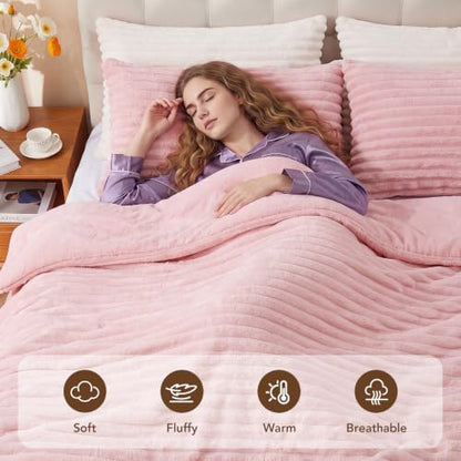 HYLEORY Fluffy King Comforter Set 3 Pieces - Fleece Fluffy Soft & Warm Plush Pink Comforter Sets, Luxury Fuzzy Bedding Sets, All Season Heavy Bed Set King Size with 2 Pillowcases