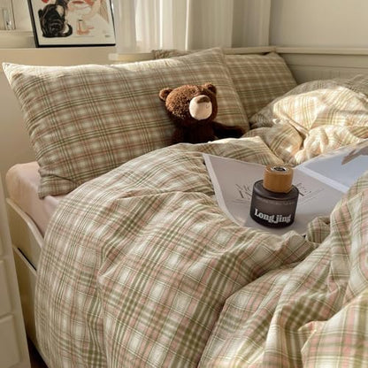 mixinni Full Comforter Set, Green Buffalo Plaid Bedding Set 3-Piece, Vintage Geometric Pattern, Lightweight & Fluffy Comforter, Soft Breathable Grid Bed Set for All-Season,(Green, Pink, White)