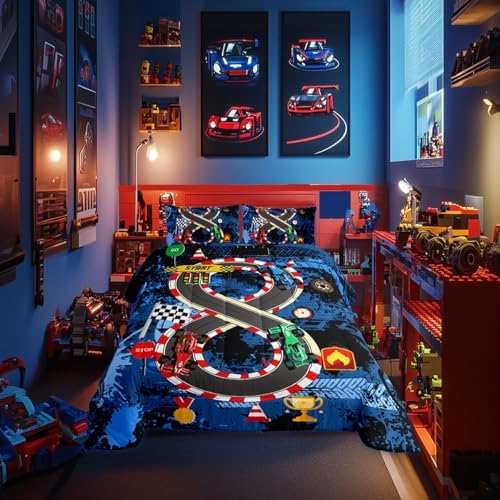 Racing Car Boys Bedding Comforter Sets Toddler,Teens Cartoon Extreme Sports Race Car Bedding Set for Bedroom Decoration,Retro Wheel Print Graffiti Racing Competition Kids Quilt Comforter Bedroom Decor