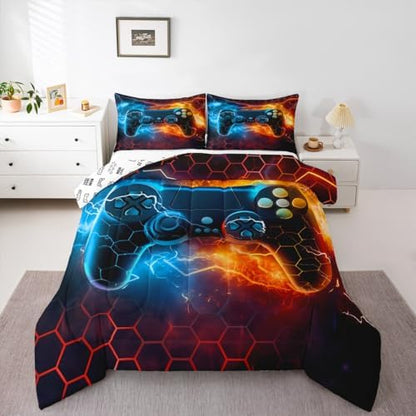 Feelyou Gamer Comforter Toddler Size, Gaming Comforter Set for Kids Boys Girls Blue Gamer Bedding Set Game Room Decor Duvet Set with 1 Pillow Case