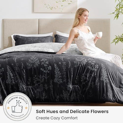 Love's cabin Black Full Size Comforter Set - Full Comforter Set, 3 Pieces Cute Floral Bedding Sets for All Seasons,1 Soft Reversible Botanical Flowers Comforter and 2 Pillow Shams