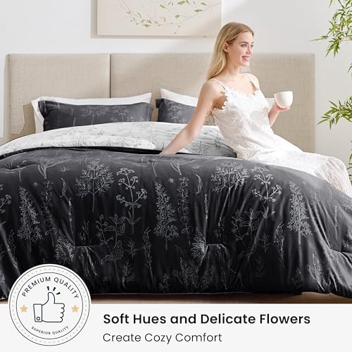 Love's cabin Black Queen Comforter Set - Queen Size Comforter Set, 3 Pieces Cute Floral Bedding Sets for All Seasons,1 Soft Reversible Botanical Flowers Comforter and 2 Pillow Shams