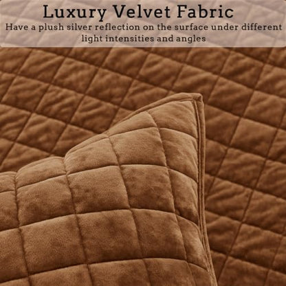 Quilt Set Queen Size 90x98 Luxurious Velvet Bedding Sets with 2 Pillow Shams 20x26 3 Pieces Ultra Soft Quilted Bedspread Coverlet Comforter for All Season,Caramel
