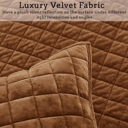 Quilt Set Oversized King Size 120x128 Luxurious Velvet Bedding Sets with 2 Pillow Shams 20x36 3 Pieces Ultra Soft Quilted Bedspread Coverlet Comforter for All Season,Caramel