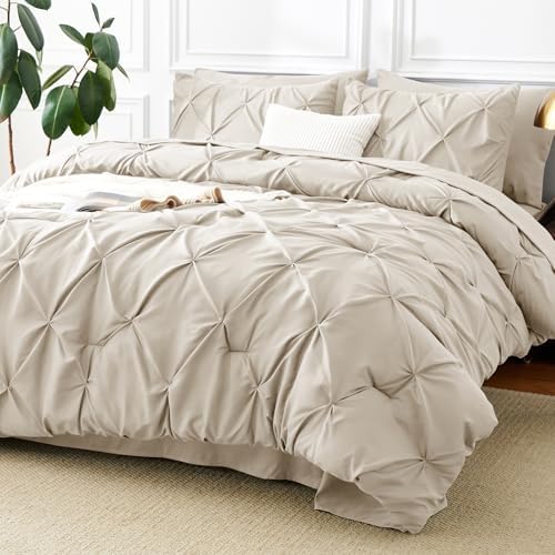 CozyLux Oversized Queen Comforter Set Beige, 7 Pieces Pintuck Bed in a Bag
