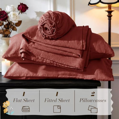 SONORO KATE 100% French Linen King Size Sheets Set,Natural Flax Bedding