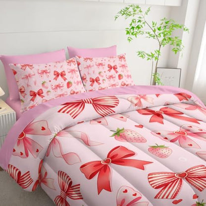 HOSIMA 7 Pieces Strawberry Bow Twin Bedding Sets for Girls Bedroom Decor.