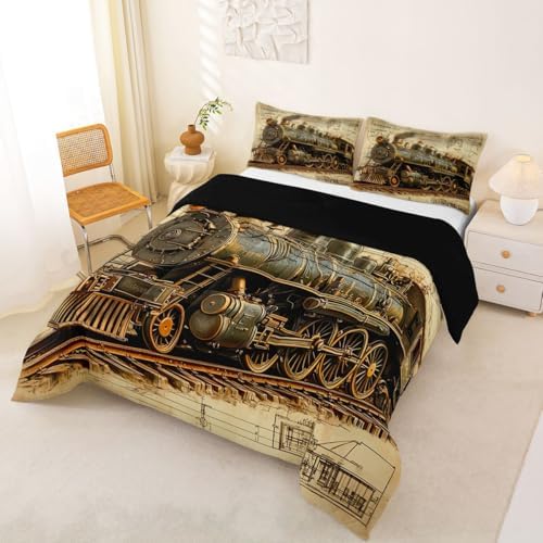Erosebridal Vintage Steam Train Bedding Set King Retro Train Comforter Set for Kids Boys Girls Transportation Vehicle Down Comforter Steampunk Industrial Aesthetic Quilt Duvet