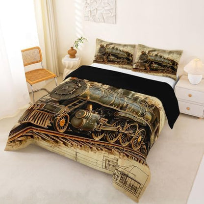 Erosebridal Vintage Steam Train Bedding Set King Retro Train Comforter Set for Kids Boys Girls Transportation Vehicle Down Comforter Steampunk Industrial Aesthetic Quilt Duvet