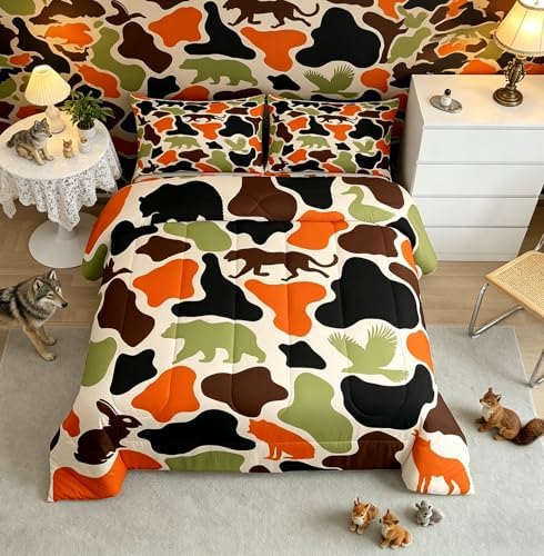 Feelyou Camouflage Bedding Set Soft for Boys Girls, Military Style Comforter Set Twin Size Army Hunting Duvet Quilt Microfiber Rustic Bear Wolf Bedroom Decor 2 Pcs with 1 Pillow Cases