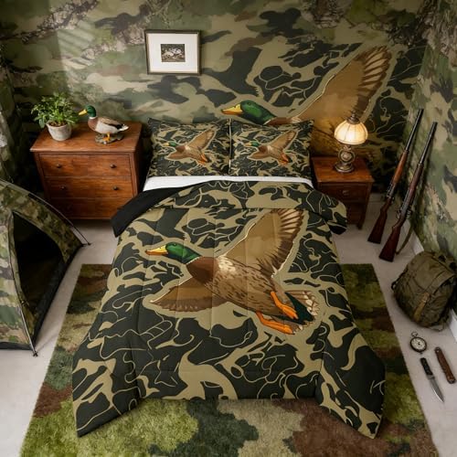 Feelyou Mallard Duck Bedding Set Soft for Boys Girls, Duck Hunting Comforter Set Queen Size Camouflage Duvet Quilt Microfiber Wild Animal Bedroom Decor 3 Pcs with 2 Pillow Cases