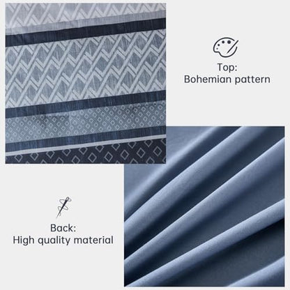 Cottolester Queen Comforter Set,Mineral Blue Boho Striped Bed in a Bag,