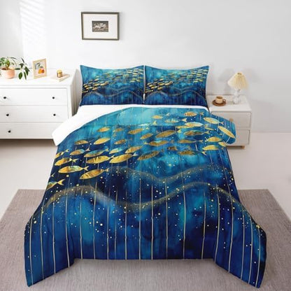 Homewish Gold Fish Silhouette Bedding Set Full Size,Blue Watercolor Comforter Set 3Pcs for Kids Girls Boys Teens Room Decor,Vintage Abstract Art Quilt Set Luxury Stripes Duvet Insert,2 Pillowcases