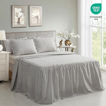 CHIXIN Ticking Stripe Ruffle Skirt Bedspread Full Size - 30" Long Drop, Shabby Chic Style, Lightweight Bedding Cover, 3 Piece Set, Light Grey