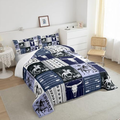 Manfei Cowboy Comforter Set Twin Size, Horse Bull Skull Cowboy Boots Hat Bedding Set 2pcs, Kids Boys Teens Room Decor, Boho Navy Blue Lattice Patchwork Down Comforter Western Quilt Set, 1 Pillowcase