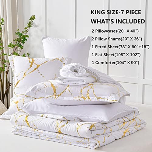Yogeneg Gold Metallic Marble King Size Comforter Set,7 Piece Bed in a Bag,Foil Print Glitter White Comforter and Sheet Set,All Season Soft Microfiber Complete Bedding Sets(White,King)