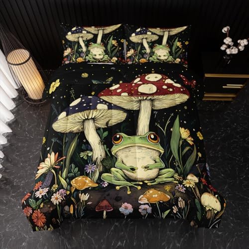 Nttopship Frog Mushroom Comforter Bedding Set with 2 Pillowcase Full Size Cartoon Frog Mushroom Butterfly Comforter Set for Kids Boys Girls Bedroom Decor