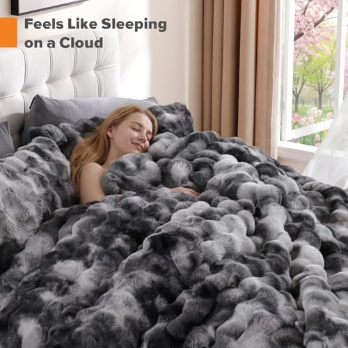 YIKUSH Queen Faux Fur Soft Comforter Set, Fluffy Bedding Set, Tiedye Grey