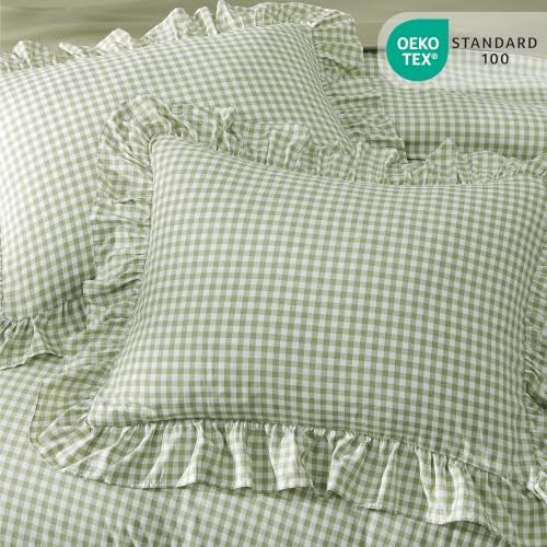 Full Size Comforter Set Green Gingham Ruffle 7 Pieces Bed in a Bag