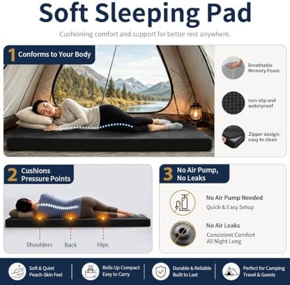 CYMULA Memory Foam Camping Mattress Pad,Sleeping Pad for Camping,Non-Slip Bottom Floor Car Mattress Bed with Retaining Portable Roll up Mattress Pad Mat for Travel Truck Guest Bed Tent