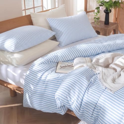 Bedbay Blue Striped Queen Duvet Cover Set, 100% Cotton 300TC Sateen, Light Blue Fine Stripe Bedding, Soft Smooth Breathable Coastal Sateen Set, 3 Pieces